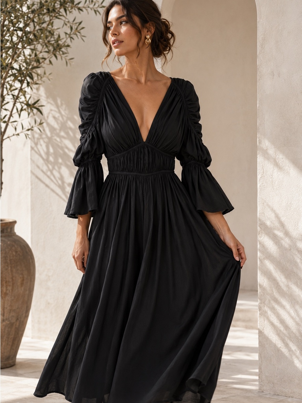 Cult Gaia Black Silk Blend Puff Sleeve Empire Waist Midi Dress S